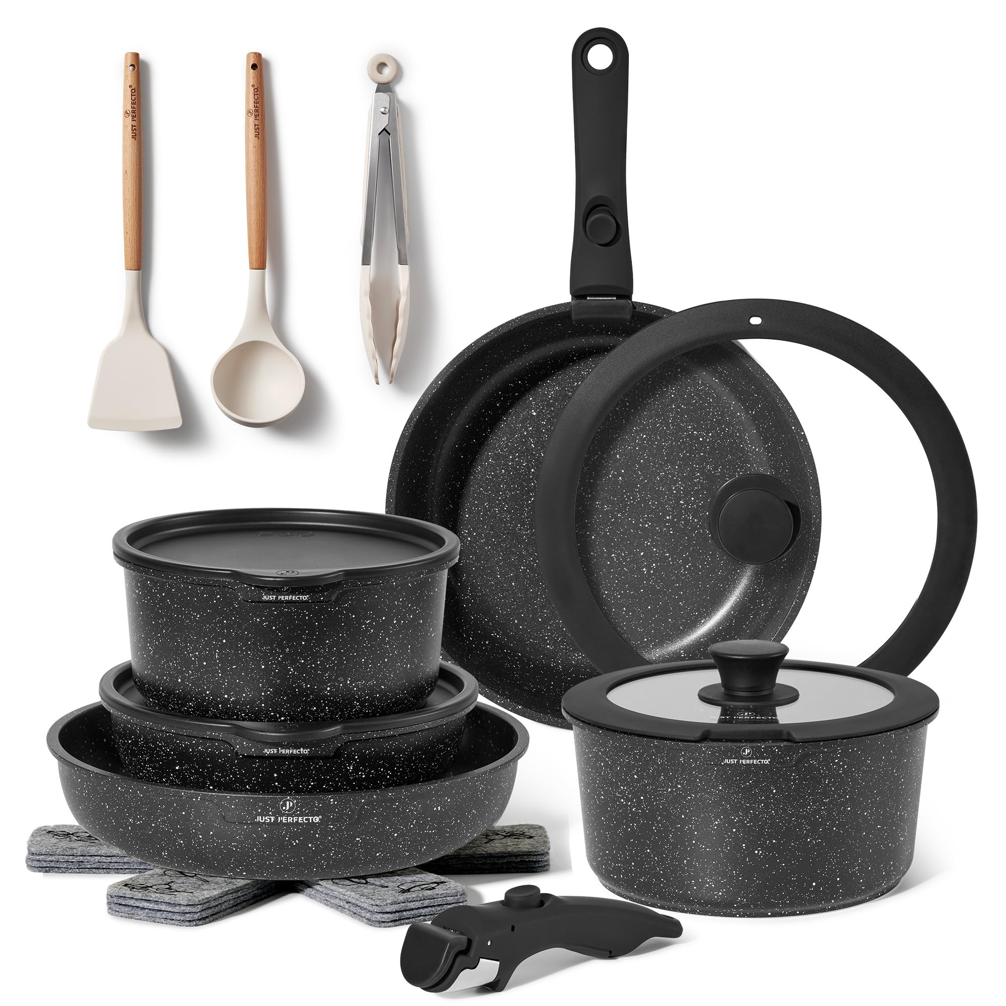 Redchef Set Pentole In Ceramica Antiaderente 16 Pezzi - Manici Staccabili, Impilabili, Senza PFAS, Per Camper E Casa